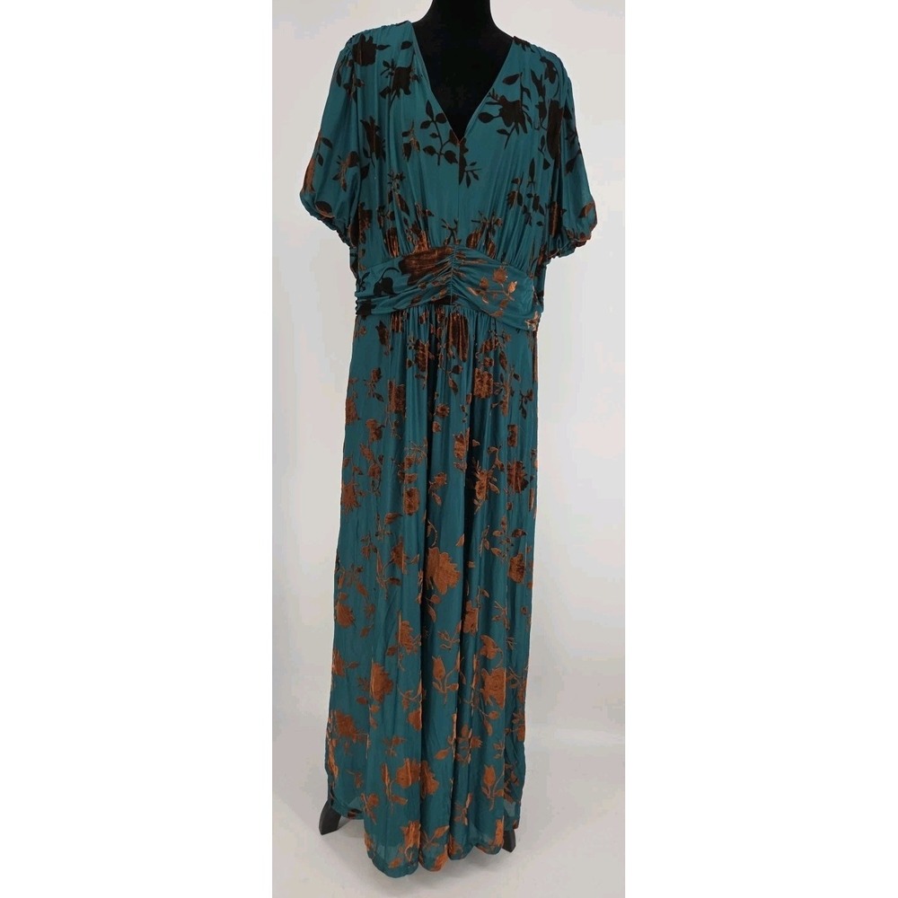 Baltic Born Leslie Green Floral Velvet Short Sleeve Maxi Dress Size - Picture 2 of 8